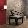 Elegant Chinese Style Leisure Chair in Room with Red Wall Brass Lamp White Vase and Wooden Floor