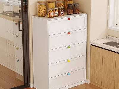 White Chest of Drawers with Colorful Handles Glass Jars on Top in Kitchen Setting 3d model