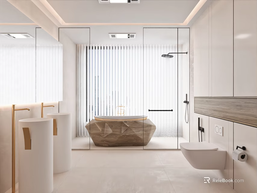 Elegant Modern Bathroom Interior With Double Vanity Freestanding Bathtub Glass Shower And White Cabinets 3d model 