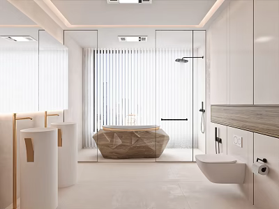 Elegant Modern Bathroom Interior With Double Vanity Freestanding Bathtub Glass Shower And White Cabinets 3d model