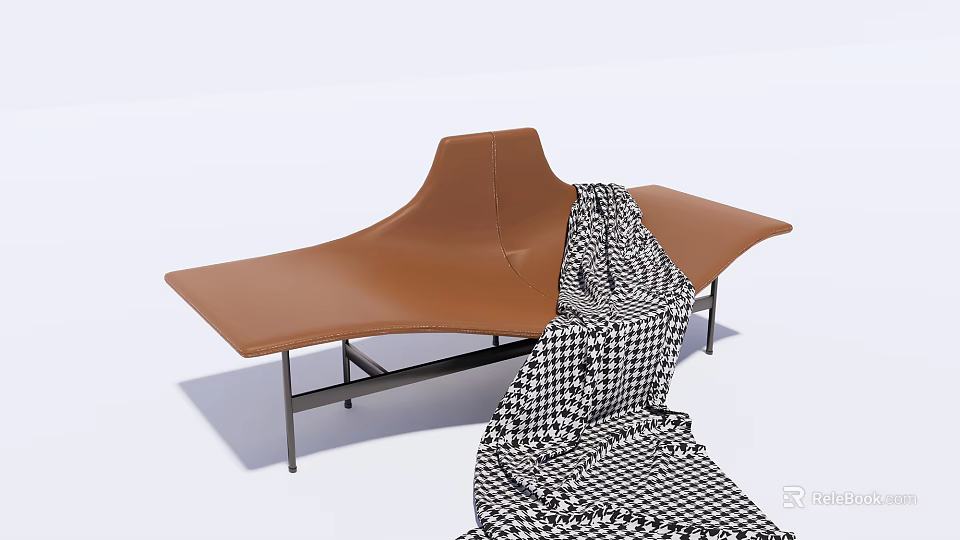 Brown Leather Chaise Lounge With Metal Frame And Black White Checkered Fabric 3d model 