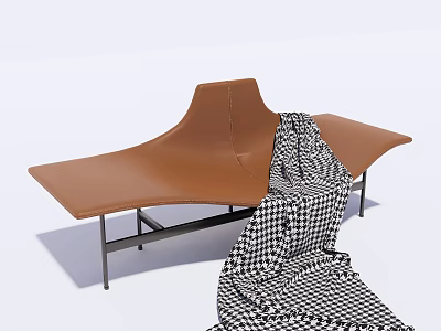 Brown Leather Chaise Lounge With Metal Frame And Black White Checkered Fabric 3d model