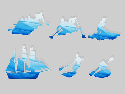 Group of People Rowing in Blue Silhouette with Paddles and Boat 3d model