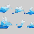 Group of People Rowing in Blue Silhouette with Paddles and Boat