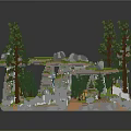Cartoon Forest Scene With Green Trees Yellow Pagoda White Rocks And Lush Grass