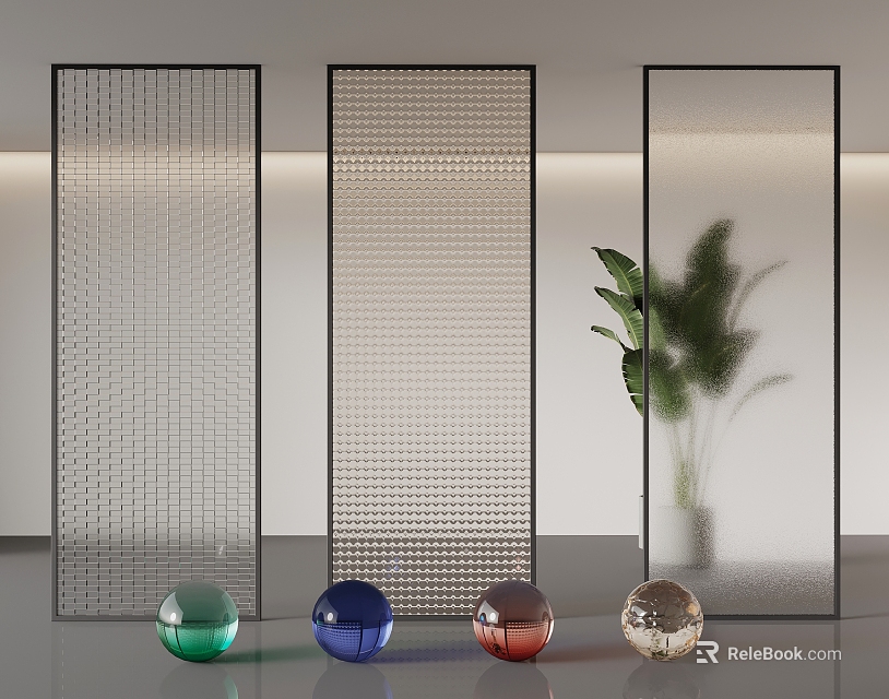 Modern Glass Partition Design With Perforated Pattern And Colorful Spheres Green Plant 3d model 