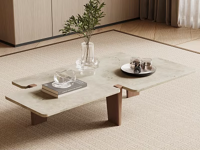 Modern Coffee Table with Marble Surface Wooden Legs Glass Vase Plant and Metal Tray 3d model