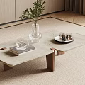 Modern Coffee Table with Marble Surface Wooden Legs Glass Vase Plant and Metal Tray
