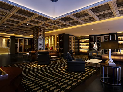 Elegant Luxurious Hotel Lobby Interior With Leather Sofas Patterned Carpet And Wooden Bookshelves 3d model