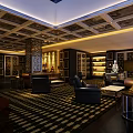 Elegant Luxurious Hotel Lobby Interior With Leather Sofas Patterned Carpet And Wooden Bookshelves