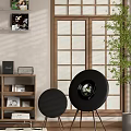 Modern Room Interior With Headphones Speakers On Wooden Shelf Decorative Artwork And Green Plants