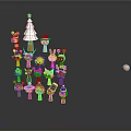 Colorful Cartoon Characters And Creatures With Various Shapes And White Christmas Tree