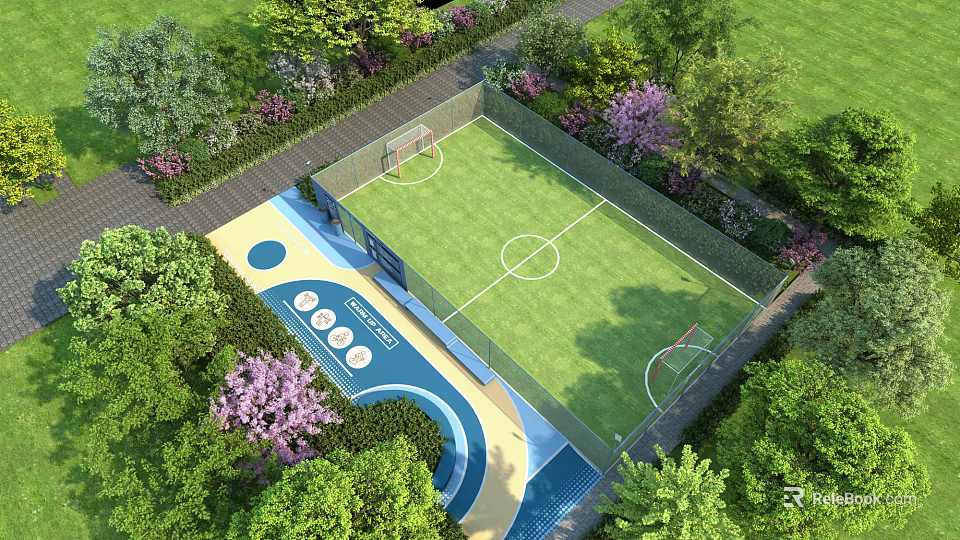 Green Turf Soccer Field Surrounded by Trees Purple Flowers Blue Recreational Area and Enclosed Fence 3d model 