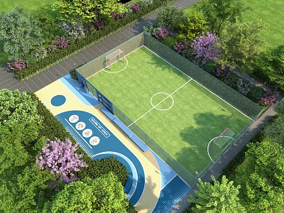 Green Turf Soccer Field Surrounded by Trees Purple Flowers Blue Recreational Area and Enclosed Fence 3d model
