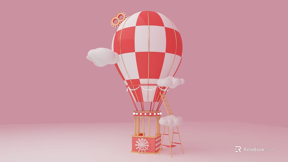 Red And White Checkered Hot Air Balloon With Pink Background Clouds Ladder And Clock Box 3d model 