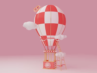 Red And White Checkered Hot Air Balloon With Pink Background Clouds Ladder And Clock Box 3d model