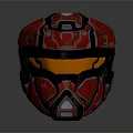 Futuristic Warrior Helmet In Red With Black Accents And Glowing Orange Visor