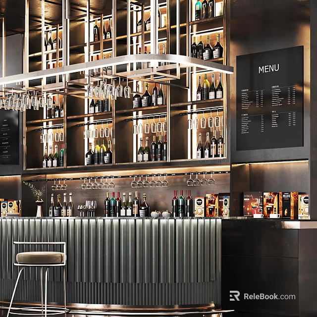 Modern Bar Counter Interior With Wine Racks Glasses Menu Board Bottles And Metal Stool 3d model 
