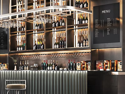 Modern Bar Counter Interior With Wine Racks Glasses Menu Board Bottles And Metal Stool 3d model