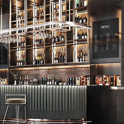 Modern Bar Counter Interior With Wine Racks Glasses Menu Board Bottles And Metal Stool 3d model