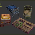 Vintage Assorted Items Including Old Wooden Pallet Rusty Barrel And Yellow Cart
