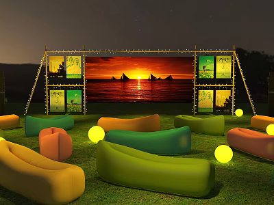 Vibrant Nighttime Interactive Area With Sunset Sea View Large Screen Colorful Sofas And Decorative Lights 3d model