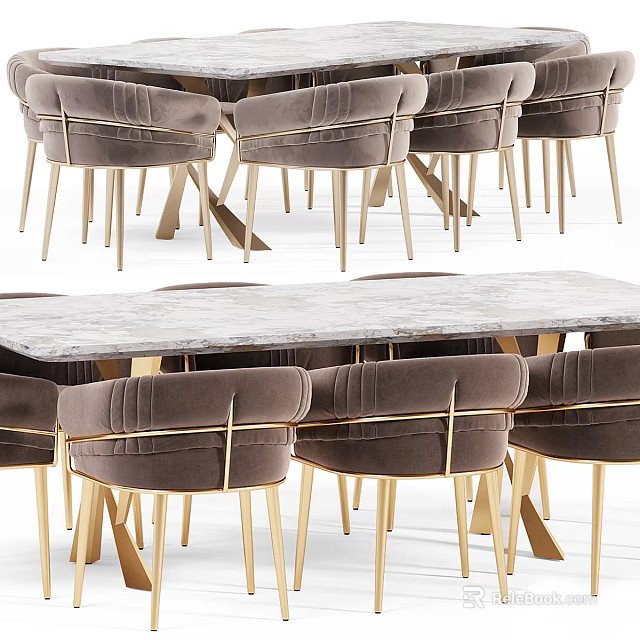 Elegant Modern Dining Table Set With Marble Top And Gold Metal Leg Chairs 3d model 