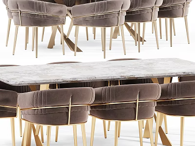 Elegant Modern Dining Table Set With Marble Top And Gold Metal Leg Chairs 3d model