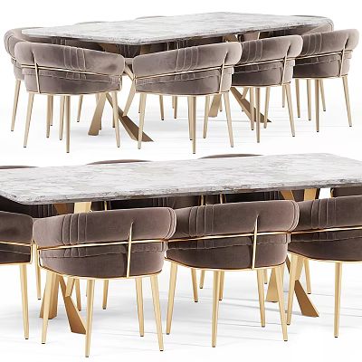 Elegant Modern Dining Table Set With Marble Top And Gold Metal Leg Chairs 3d model