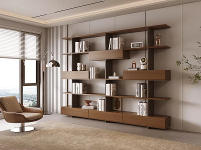Modern Wooden Bookshelf With Multiple Floating Shelves Books And Decorative Items In Contemporary Living Room 3d model