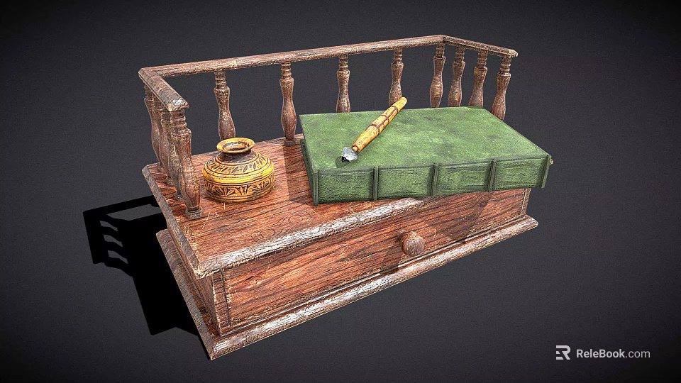 Wooden Bookcase With Carved Railings Drawer Green Cushion Quill Pen And Golden Jar 3d model 