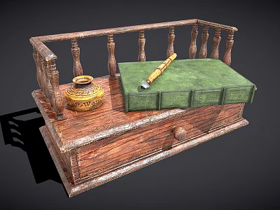 Wooden Bookcase With Carved Railings Drawer Green Cushion Quill Pen And Golden Jar 3d model