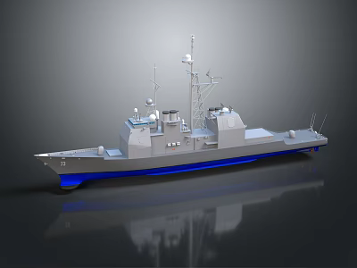 3D Rendered Modern Naval Warship With Gray Hull Blue Bottom Antennas And Reflection 3d model