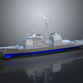 3D Rendered Modern Naval Warship With Gray Hull Blue Bottom Antennas And Reflection