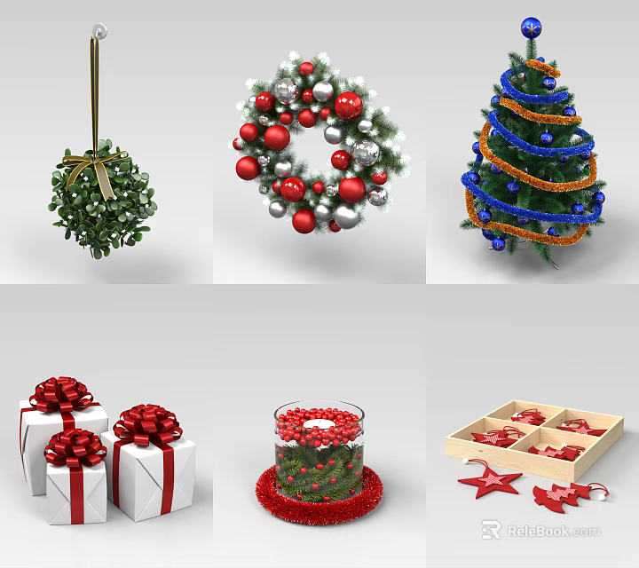 Christmas Decorative Ornament Set with Hanging Wreath Christmas Tree Gift Boxes Candle and Stars Decorations 3d model 