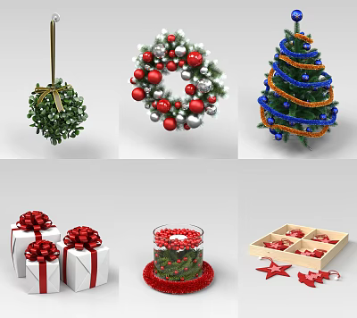 Christmas Decorative Ornament Set with Hanging Wreath Christmas Tree Gift Boxes Candle and Stars Decorations 3d model