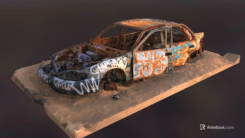 Old Rusted Abandoned Car With Colorful Graffiti On Wrecked Body 3d model 