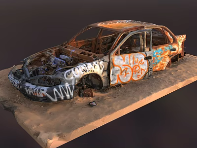 Old Rusted Abandoned Car With Colorful Graffiti On Wrecked Body 3d model