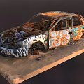 Old Rusted Abandoned Car With Colorful Graffiti On Wrecked Body