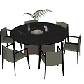 Modern Round Dining Table Set With Black Marble Top And Gray Chairs 3d model