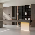Modern Study Room Interior Design With Wooden Bookshelves Writing Desk And Table Lamp
