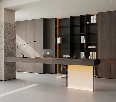 Modern Study Room Interior Design With Wooden Bookshelves Writing Desk And Table Lamp 3d model
