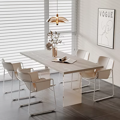 Modern Sleek Dining Table Set With White Metal Frame Chairs And Pendant Light 3d model