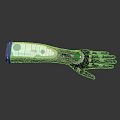 Human Character With Biomechanical Green Silver Mechanical Hand And Detailed Joint Structure