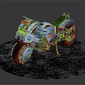 Vintage Weathered Motorcycle With Mechanical Details Red Beige Accents Metal Parts Circular Speckled Platform
