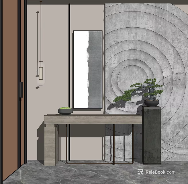 Modern Console Table With Mirror And Bonsai Plant On Circular Pattern Wall 3d model