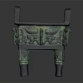 Ancient Bronze Tripod With Green Patina And Intricate Traditional Carvings
