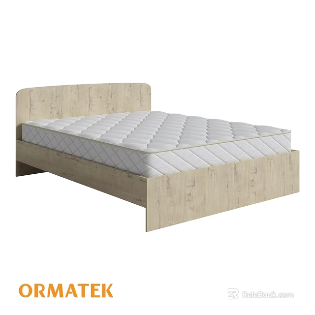 Modern Double Bed Featuring Light Wood Frame And White Diamond Stitch Mattress 3d model 