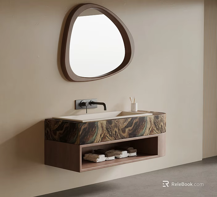 Wall Mounted Bathroom Vanity Cabinet With Marble Countertop Teardrop Mirror And Open Shelf For Towels 3d model 