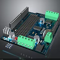 Blue Electronic Circuit Board With Green Terminals Silver Knobs Black Chips And Components